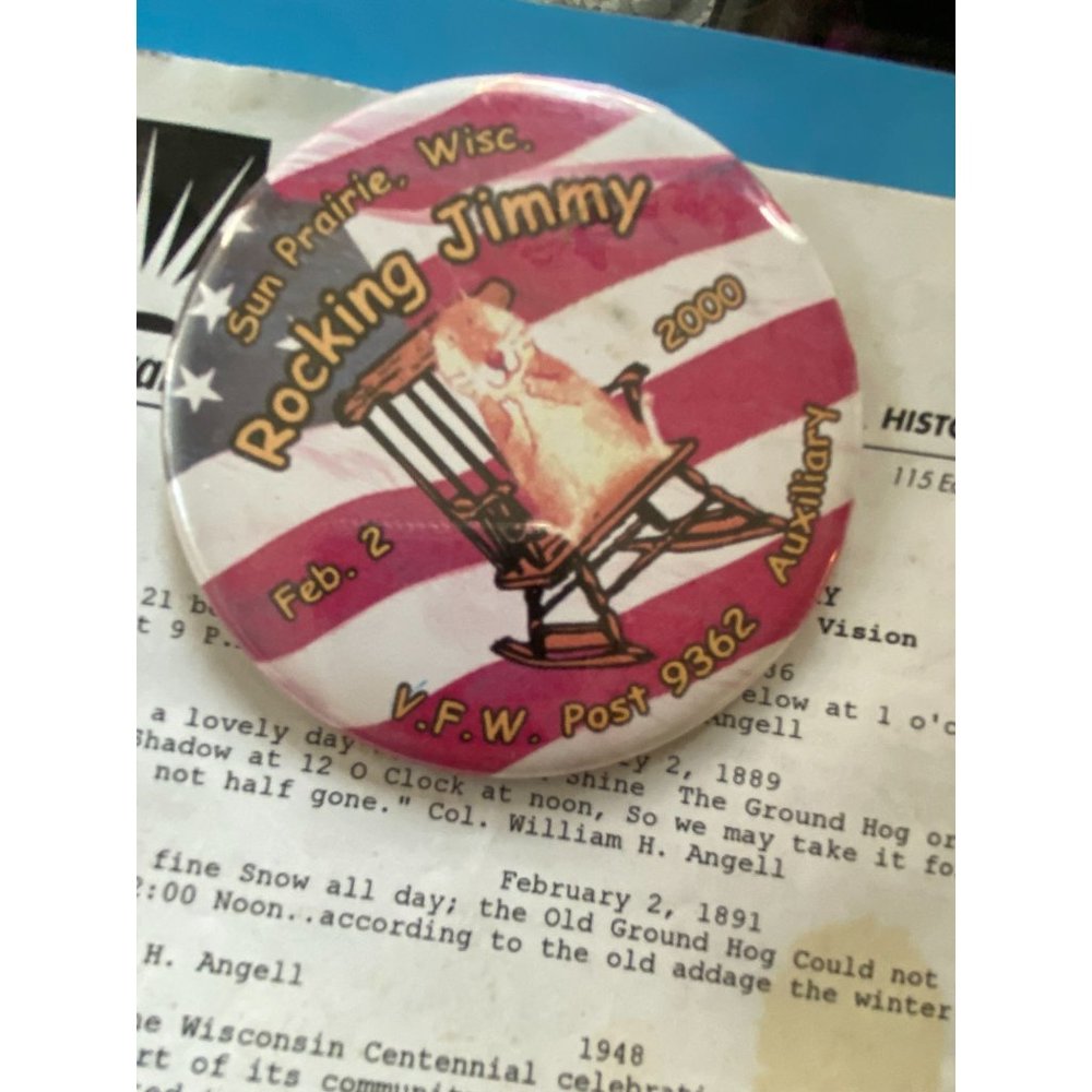 Vintage Rocking Jimmy VFW Fundraiser Groundhog 2000 Pinback Button